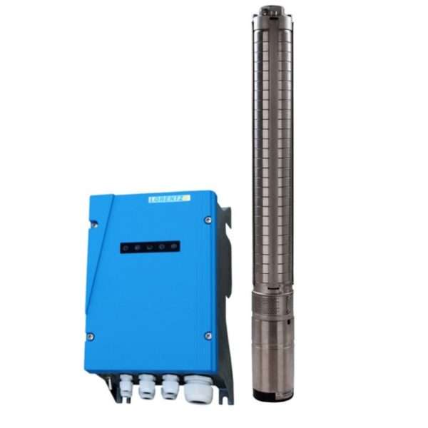 A solar water pump and inverter kit in a white background