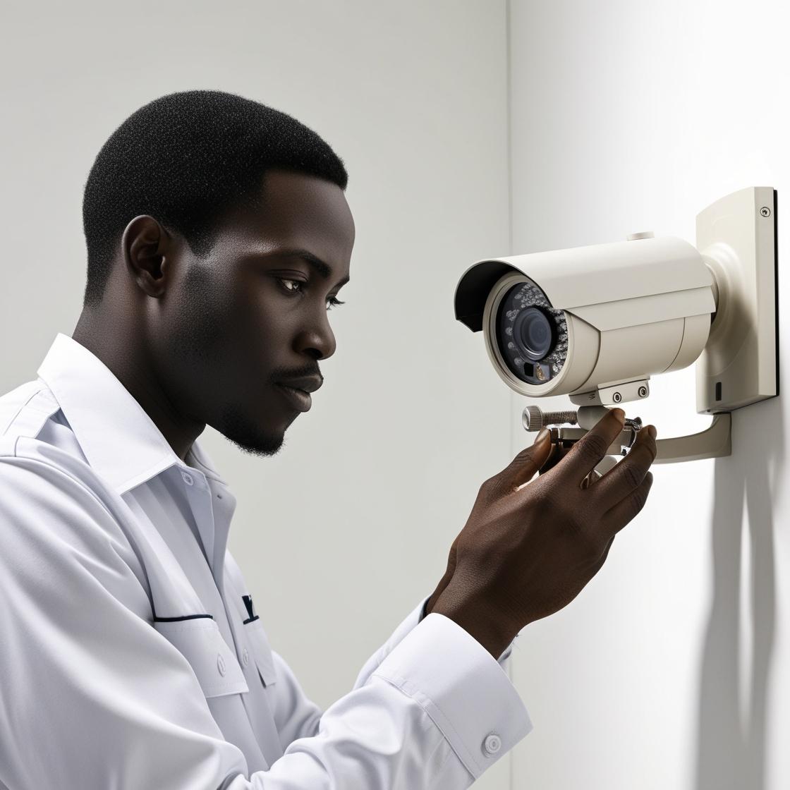 A technician fixing a bullet CCTV camera