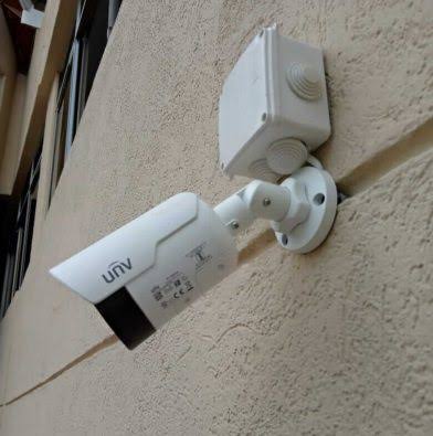 A bullet CCTV camera on the wall in Juba, South Sudan