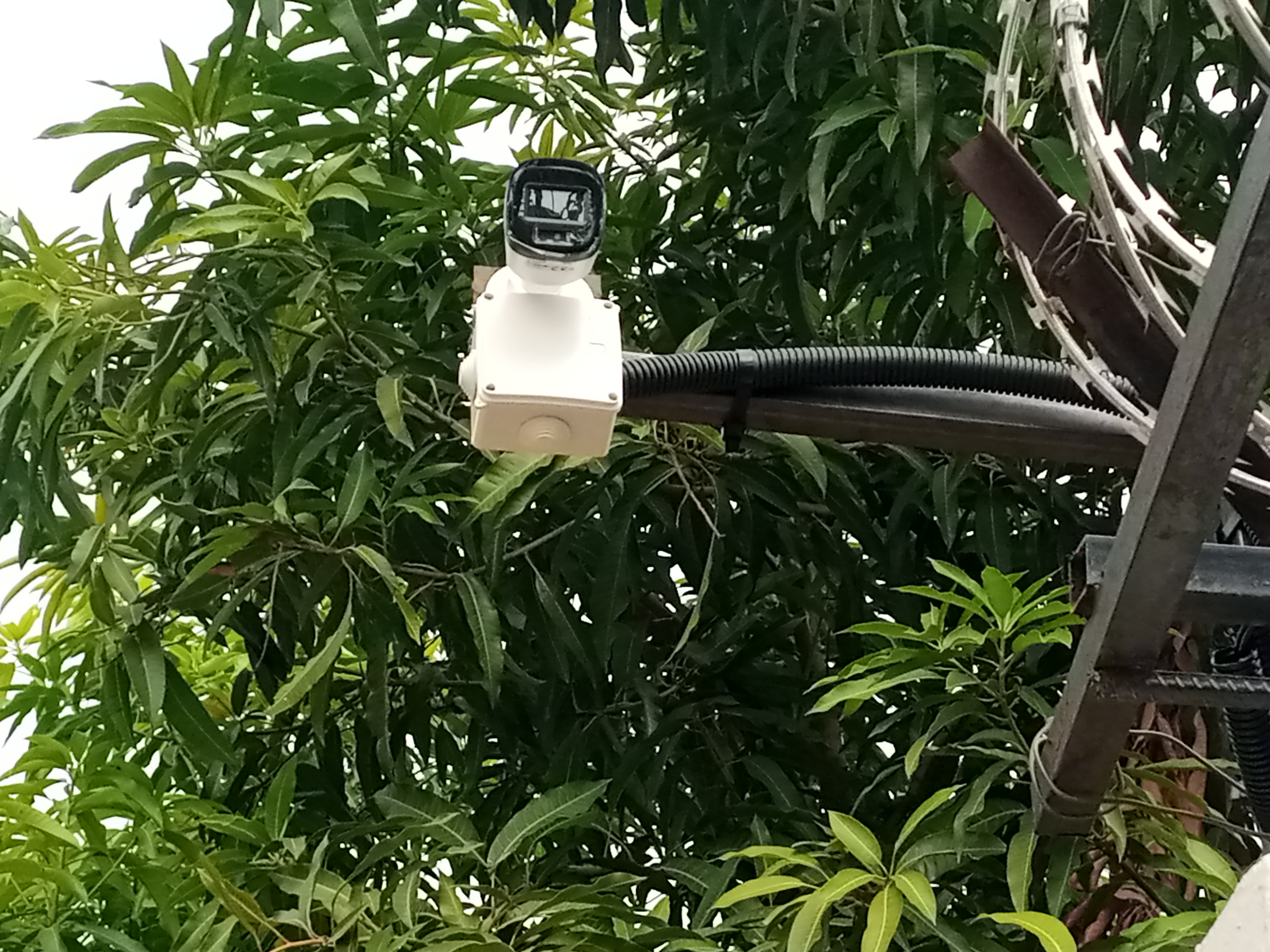 A dahua bullet CCTV camera mounted on an extended metal to outside covering the gate in Juba, South Sudan