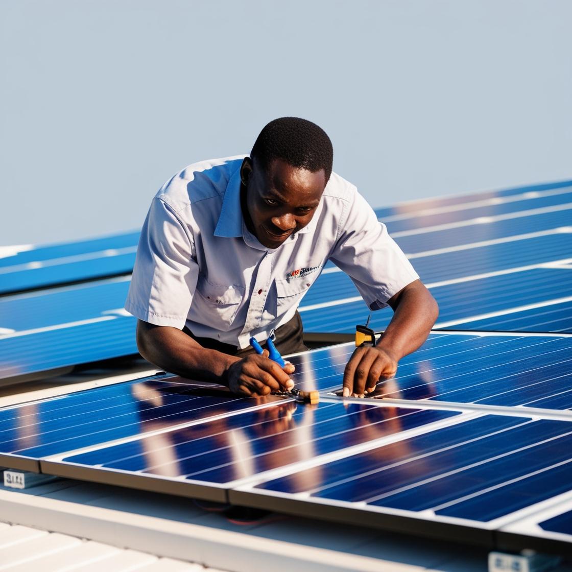 A solar technician fixing solar panels on the roof in Juba South Sudan